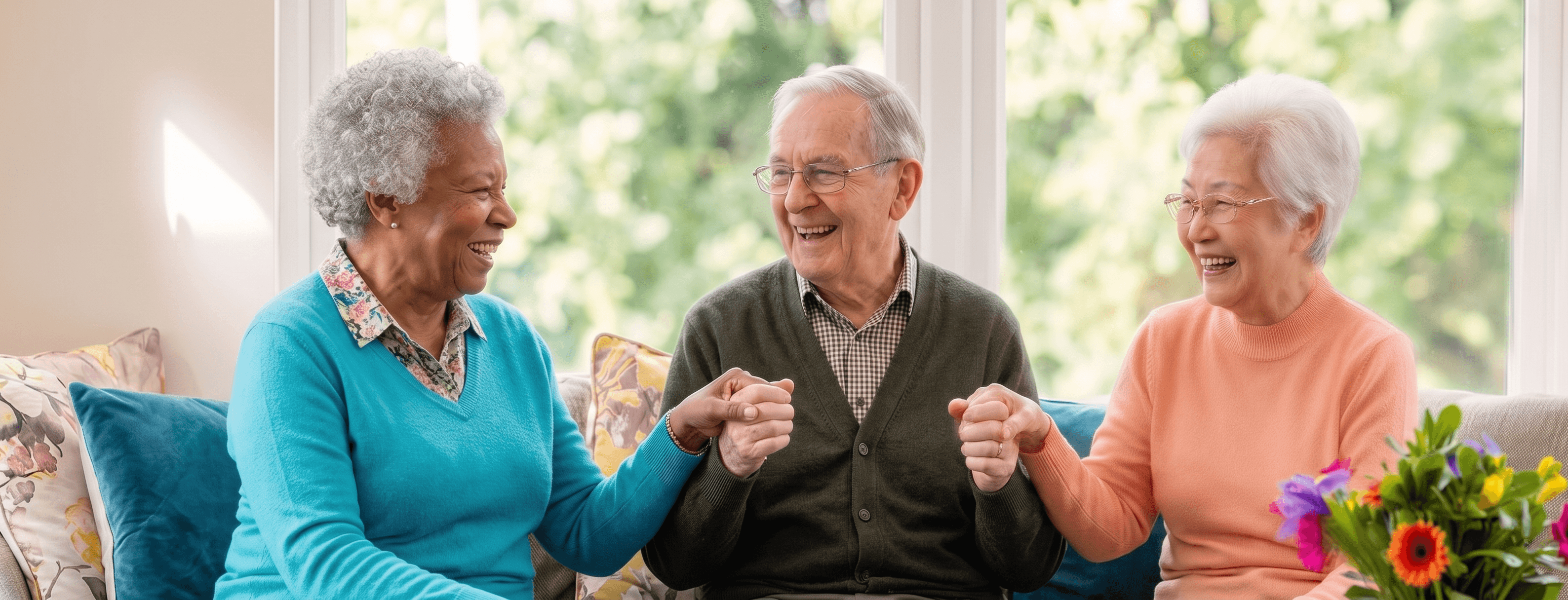 A woman holding a phone with an SOS button, with an elderly man in a wheelchair in the background